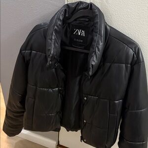 Zara Black Quilted Faux-Leather Puffer Jacket